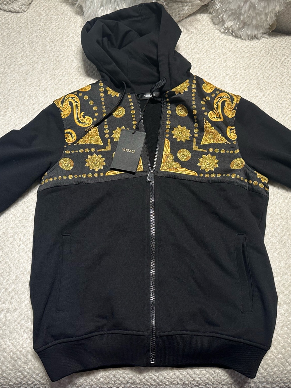 Versace Black Hoodie Jacket with Gold Baroque Print